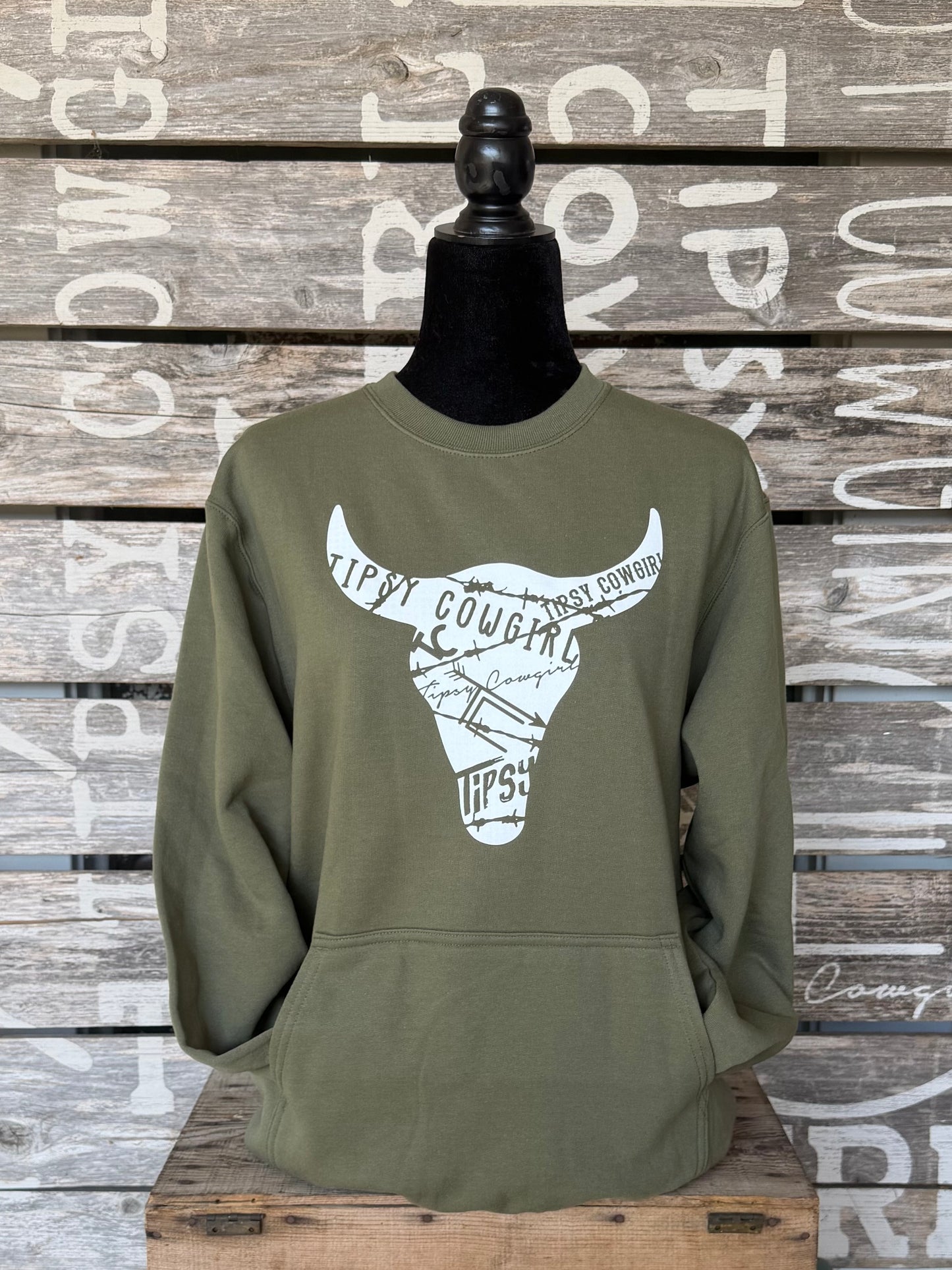 Tipsy Cowgirl Heritage Skull Pocket Crewneck