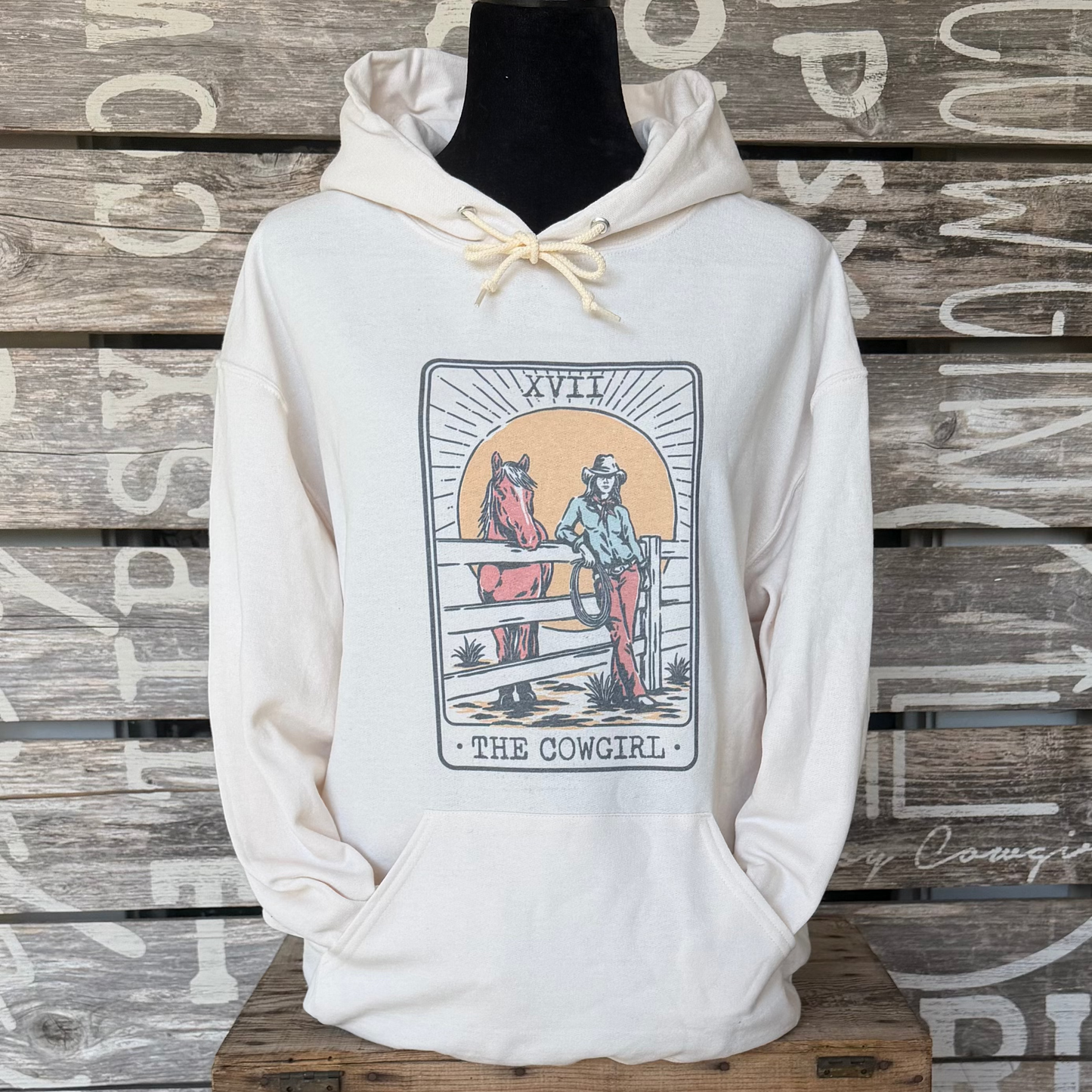Tipsy Cowgirl The Cowgirl western hoodie in Sweet Cream Heather featuring tarot-inspired cowgirl and horse artwork